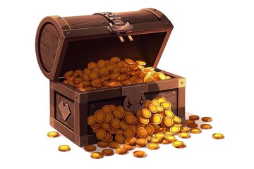 An ornate treasure chest brimming with glimmering gold coins invites dreams of adventure and riches, as if discovered in a hidden pirate lair under moonlight