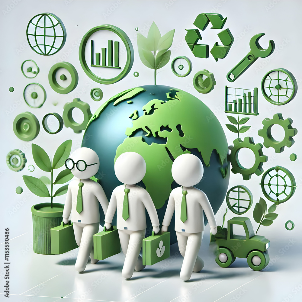 Poster 3d business team embracing green technology in bokeh digital art with space for text and branding