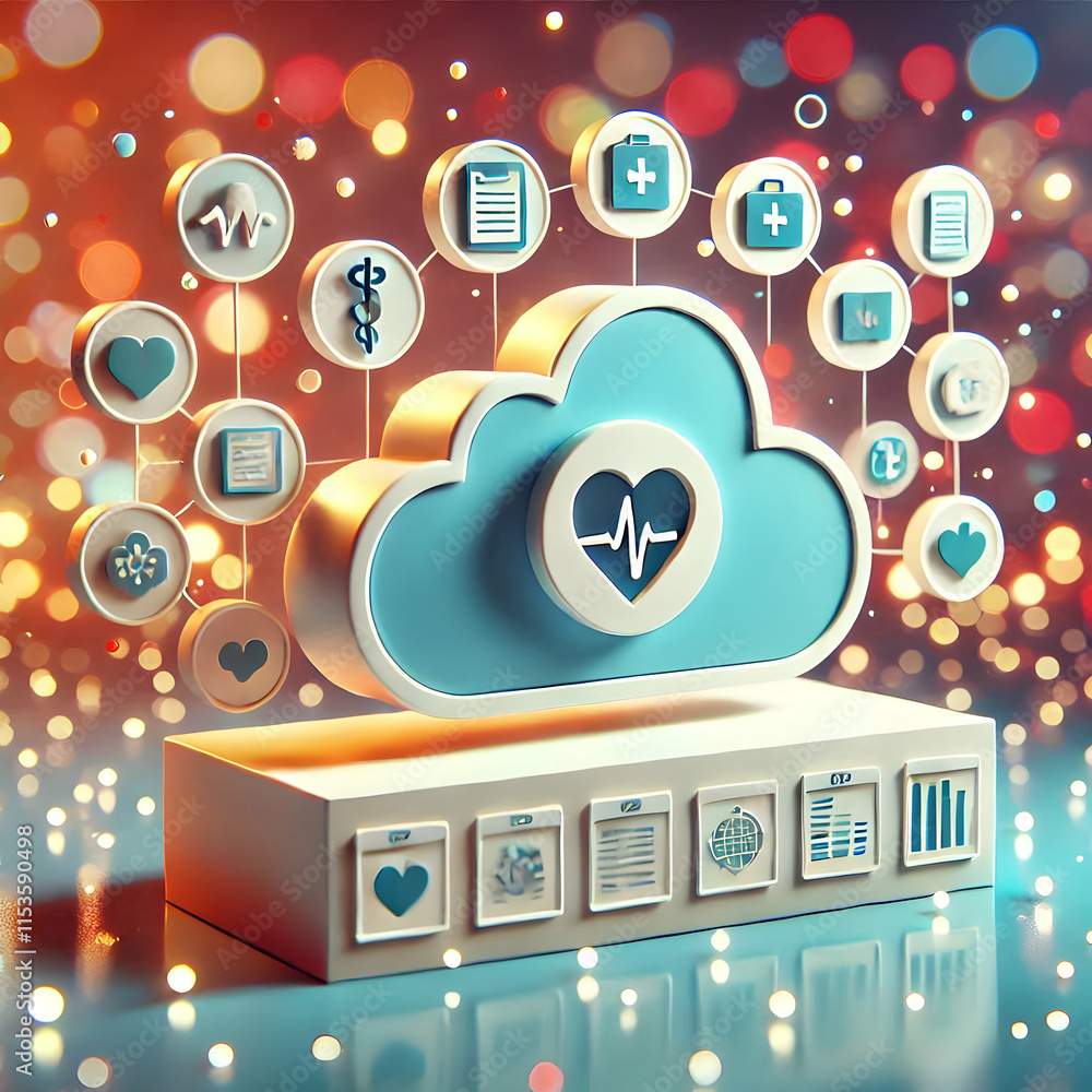 Poster 3d bokeh telemedicine cloud-based ehr system concept with copy space for patient data management and