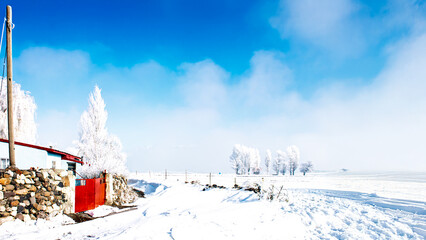 Snow-covered rural house with frosty trees and blue skies, Erzurum, Turkey.