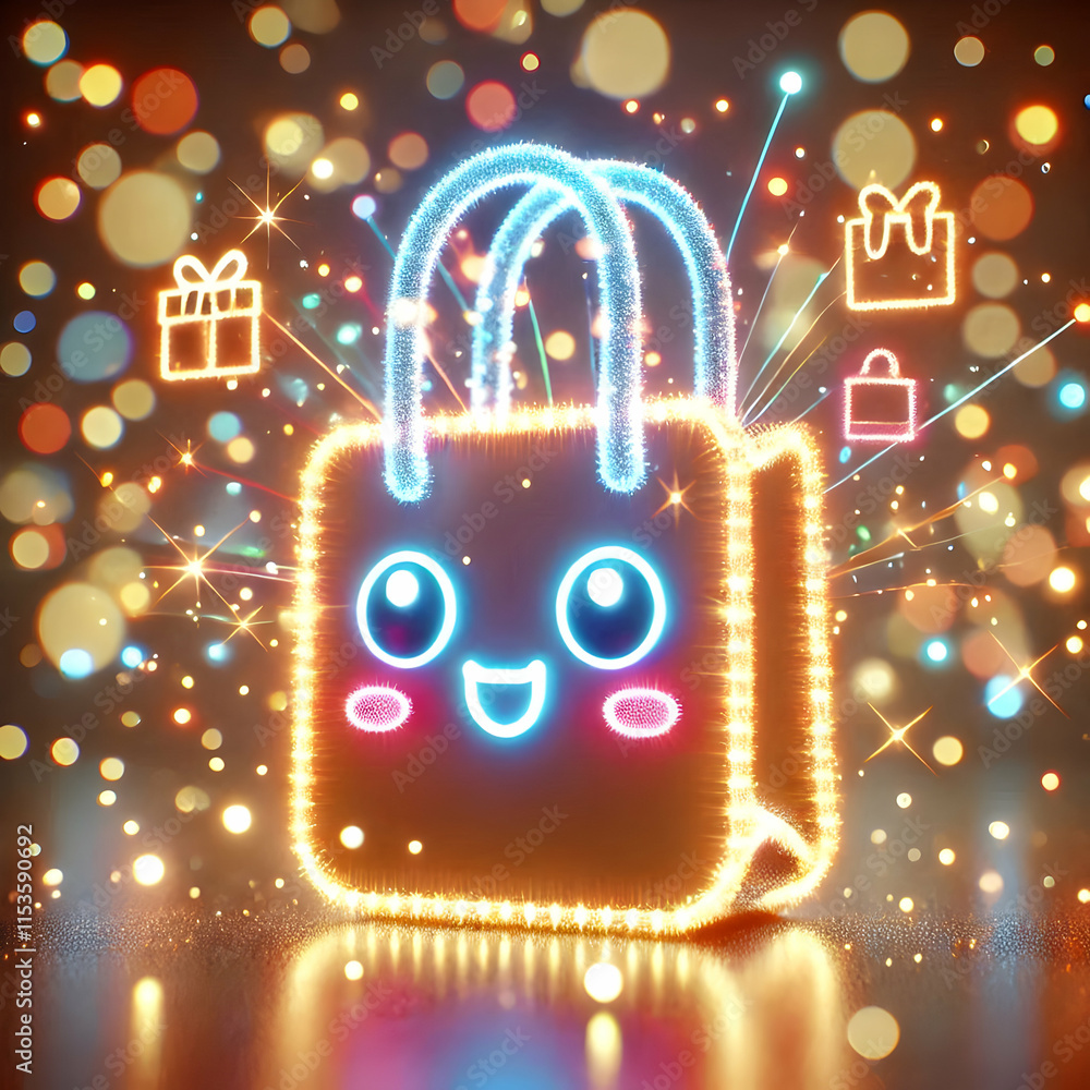 Poster 3d bokeh shopping bag with colorful light trails on isolated background