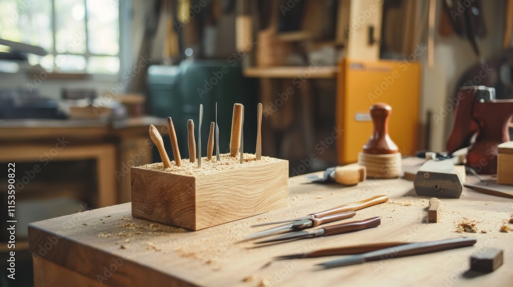 Poster A tidy wood carving bench with chisels and a block of wood neatly set up, A well-lit workshop with clean surfaces and organized tools, Minimalist craftsmanship style