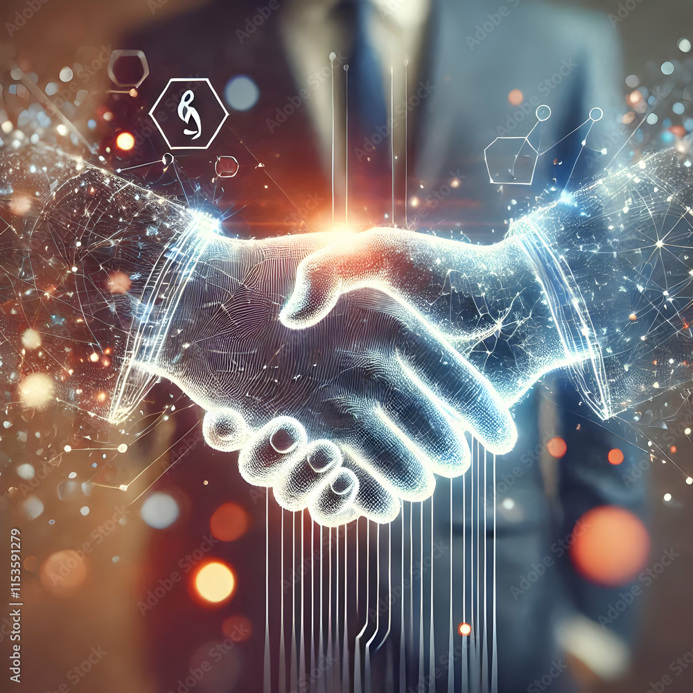 Aufkleber 3d abstract handshake with digital lines and bokeh lights symbolizing global business connections