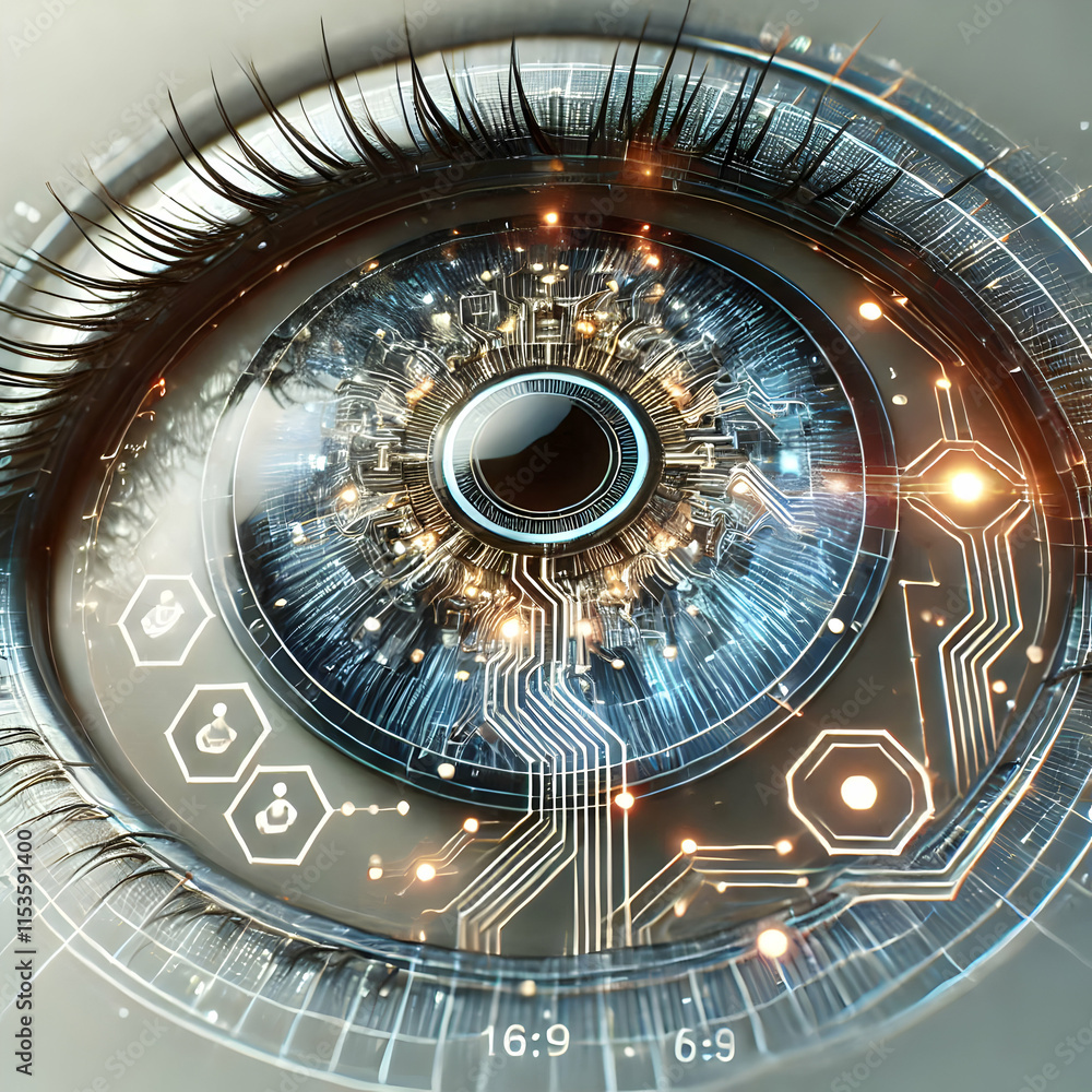 Poster 3d bionic eye interface concept: close-up of eye with circuitry and holographic displays, showcasing