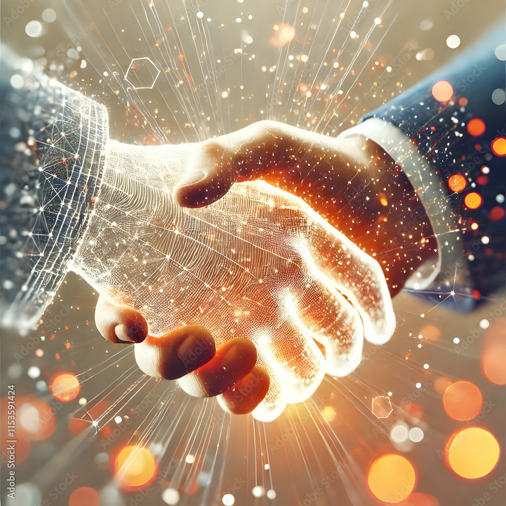 Aufkleber 3d abstract handshake with digital lines bokeh lights representing global business connections icon