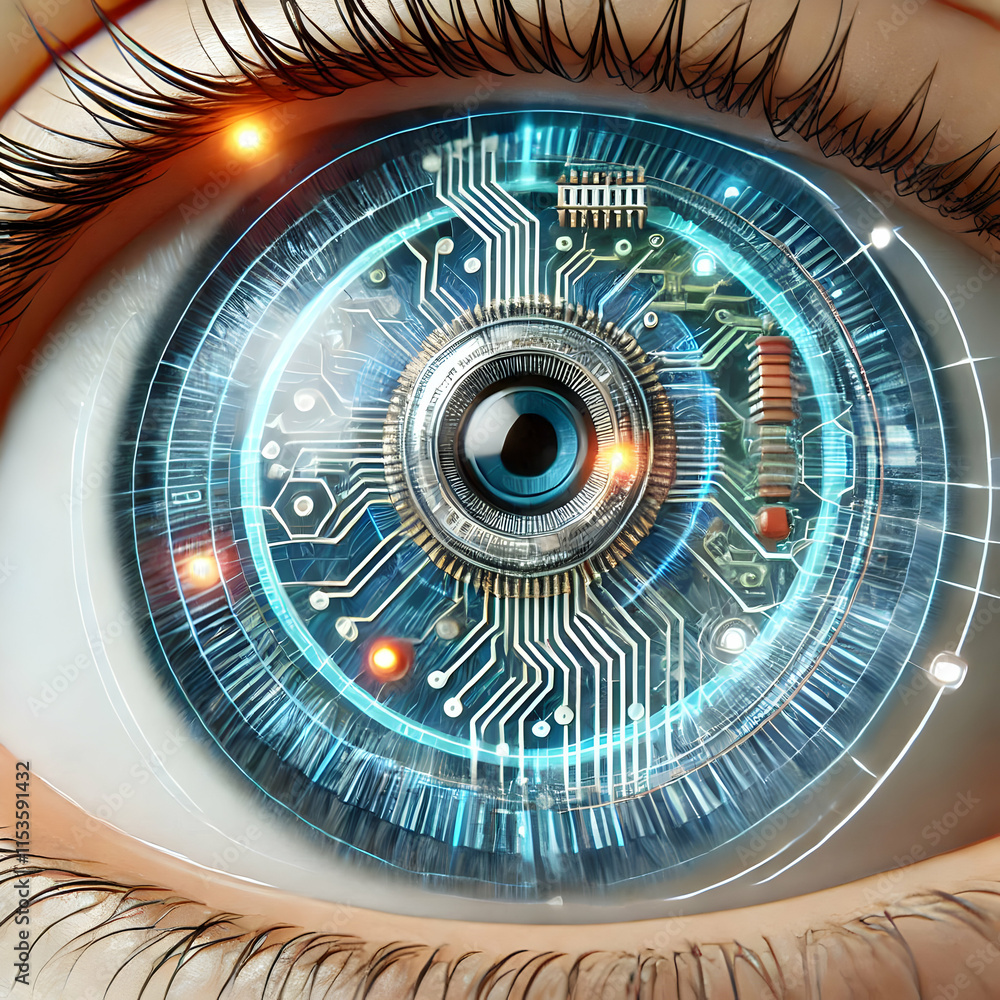 Poster 3d bionic eye interface concept close-up technology circuits holographic displays