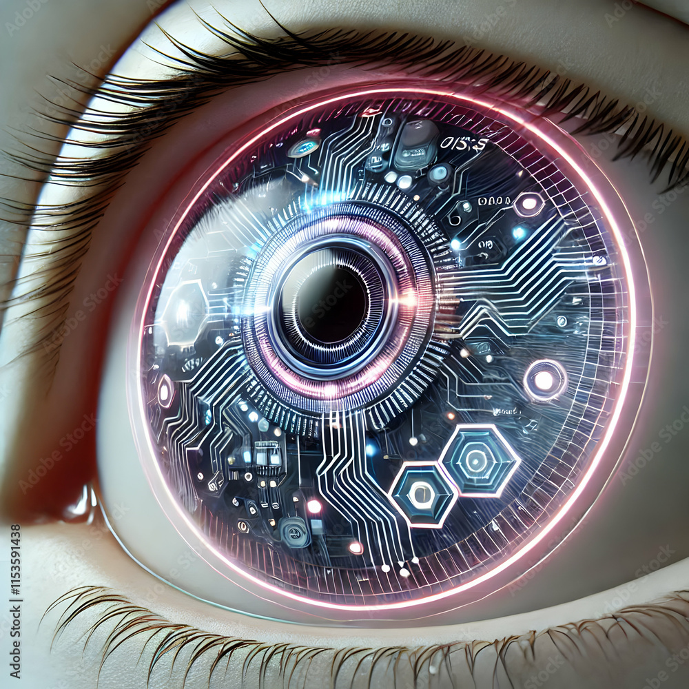 Poster 3d bionic eye interface concept close-up of eye with circuits and holographic displays in digital ag