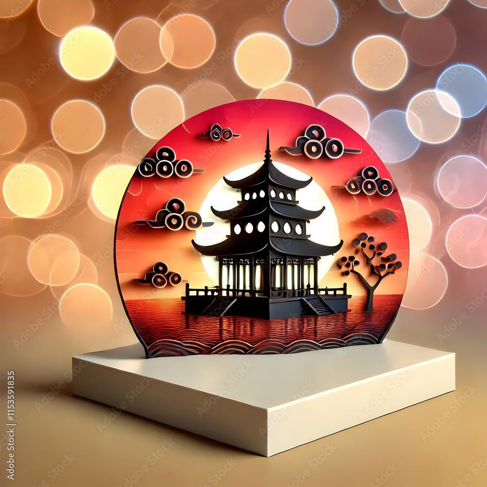 Poster 3d bokeh sunset temple silhouette with text space for branding and messages