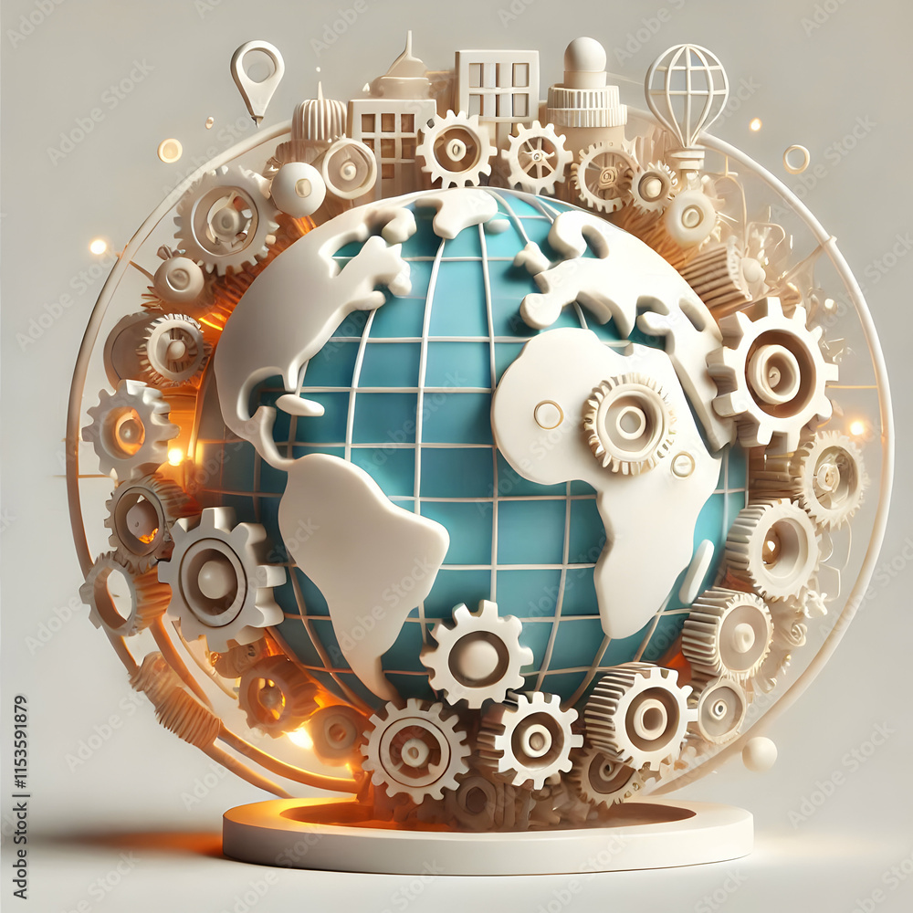 Poster 3d abstract globe with gears and glow: symbol of innovation and connectivity