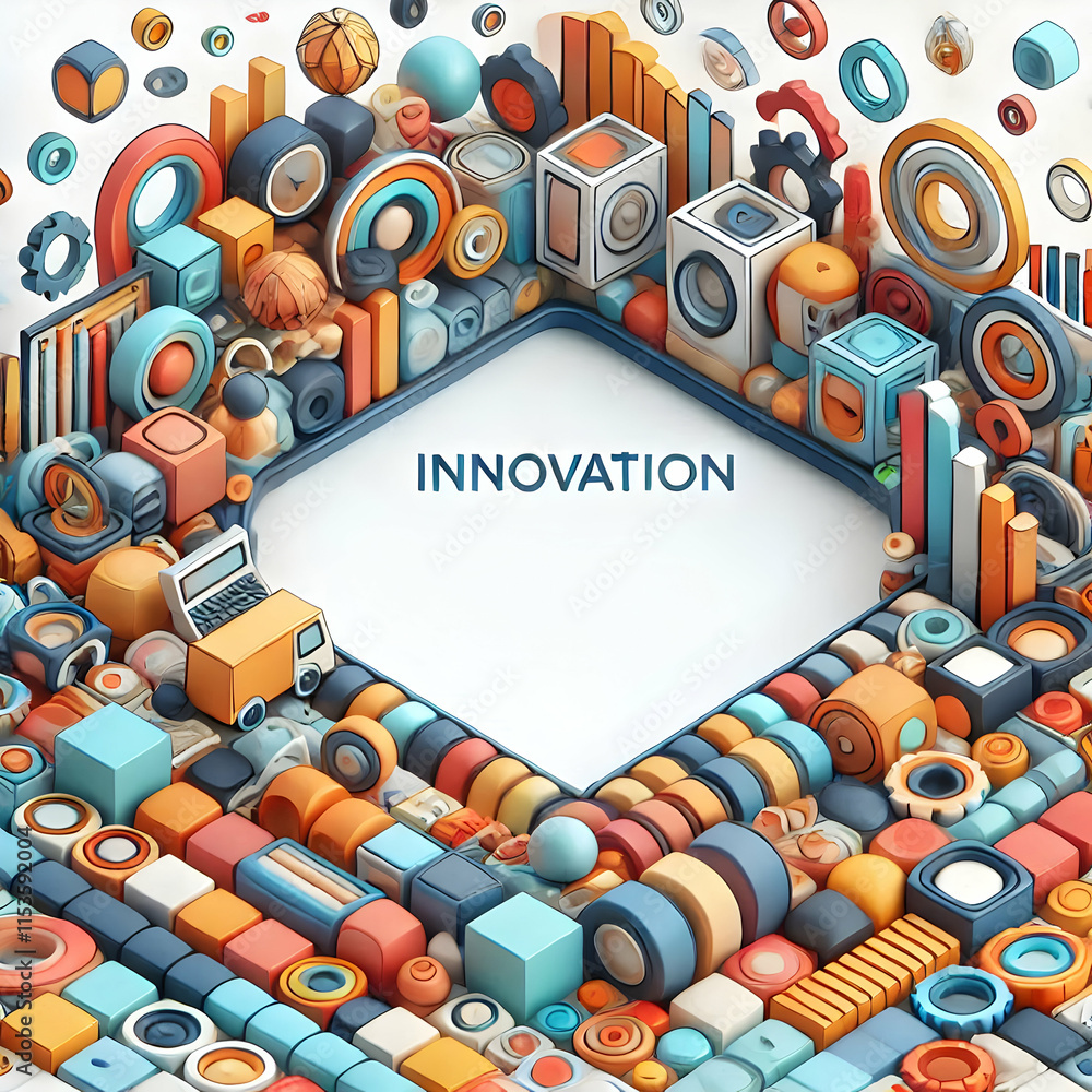 Poster 3d abstract geometric border with colorful shapes spelling innovation and clean white space for cont