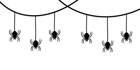 Vector hanging black spiders and web cartoon style for halloween event purpose printable. Scary black spider hanging isolated in white background