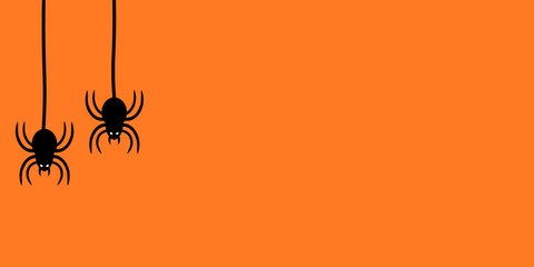 Vector hanging black spiders and web cartoon style for halloween event purpose printable. Scary black spider hanging isolated in orange background