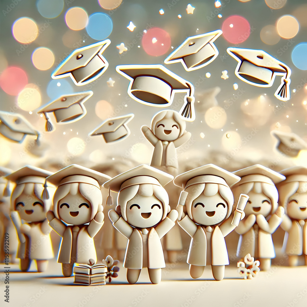 Poster 3d bokeh graduation party concept as a graduation celebration scene with graduates throwing caps sof
