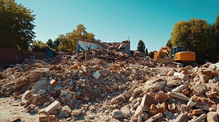 Demolition Site with Heavy Machinery and Debris Under Clear Sky