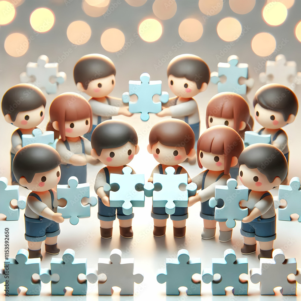 Poster 3d bokeh digital art team holding puzzle pieces unity concept ample copy space above cute chibi icon