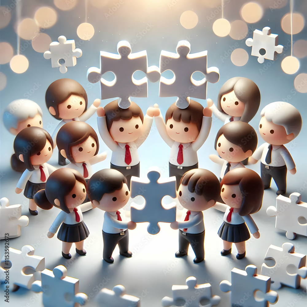 Poster 3d bokeh digital art team holding puzzle pieces together unity collaboration copy space above