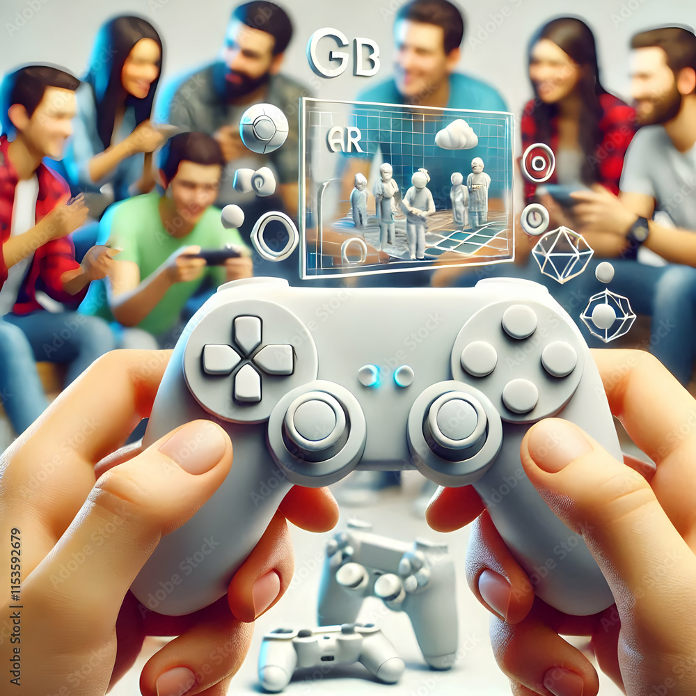 Poster hands holding ar gaming controllers in social setting with friends - dynamic interaction concept