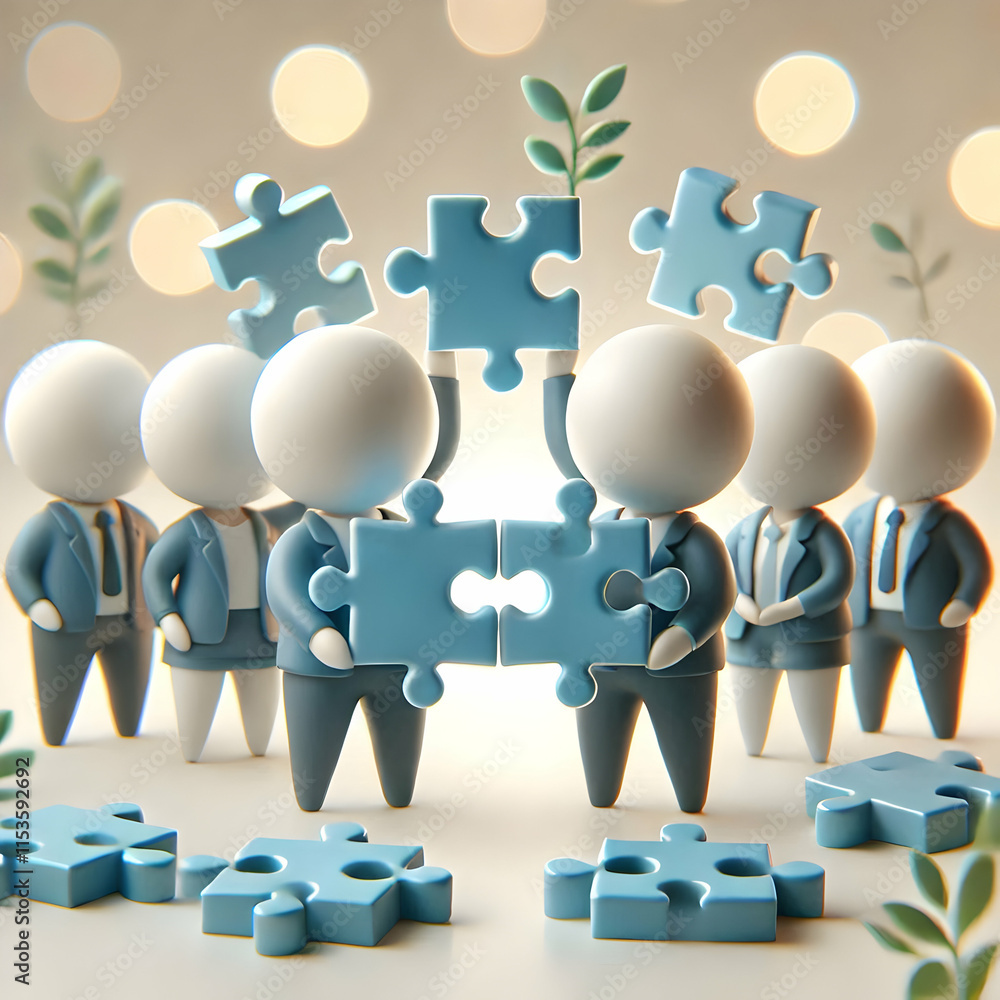 Poster 3D Bokeh digital art with team holding puzzle pieces together copy space above. concept as A bokeh digital art scene of a team holding puzzle pieces together representing unity and collaborative effor