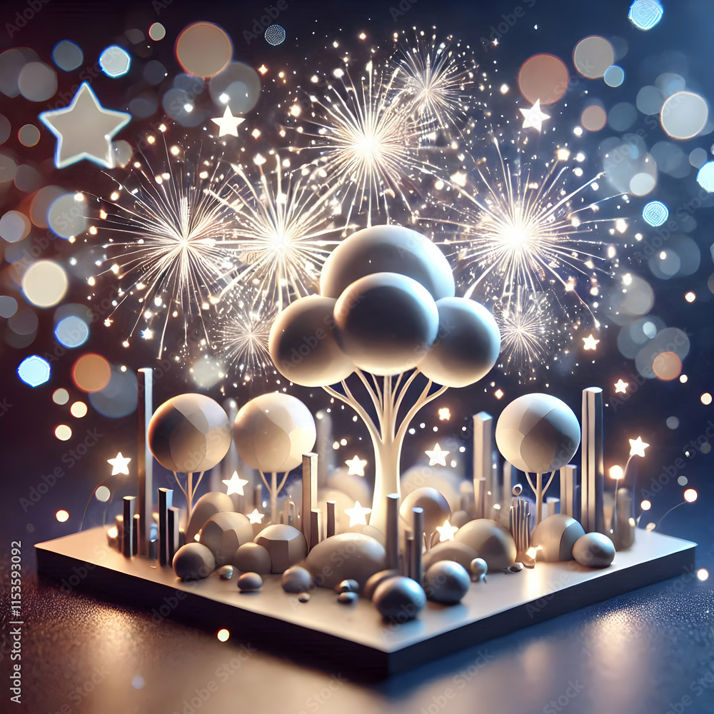 Poster 3d abstract digital art of fireworks in the night sky with bokeh effect and copy space below. concep