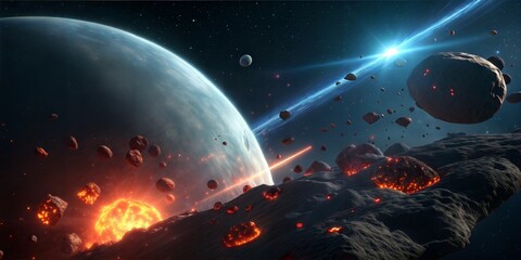 Dramatic outer space scene with asteroids and planets in vibrant colors and copy space