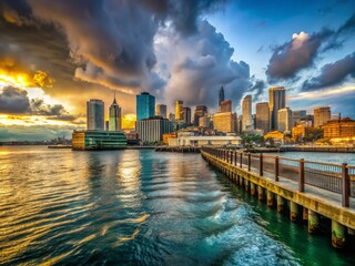 Fototapeta premium Seattle Skyline Viewed from Ferry Dock: Dramatic Clouds & Cityscape