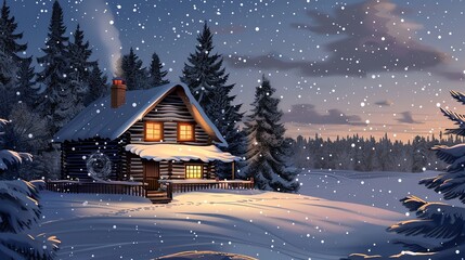 Fototapeta premium A cozy wooden cabin covered in snow with warm lights shining through the windows.