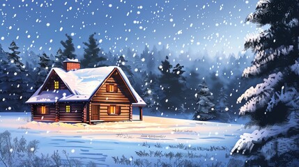 Fototapeta premium A cozy cabin in the woods with warm lights on a snowy winter evening.