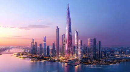 Obraz premium Modern Skyscrapers in Urban Setting Under Vibrant Sunset Sky
