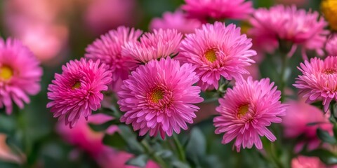 Obraz premium Asters bloom beautifully in the garden, showcasing stunning pink flowers. This close up image captures the vibrant colors and intricate details of the asters in an enchanting floral backdrop.