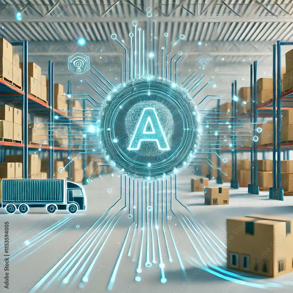 Poster 3d ai powered logistics represented by abstract moving lines over warehouse scene concept as abstrac