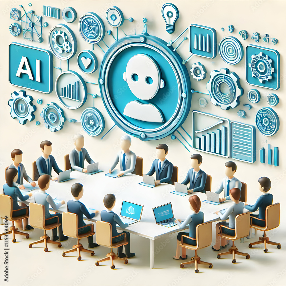 Aufkleber 3d ai powered business meeting with digital interfaces copy space concept as professionals engage in