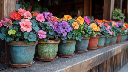 Colorful flowers in rustic terracotta pots on wooden shelf.