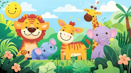 Naklejka premium A cartoon illustration of a lion, giraffe, and elephants in a jungle setting.