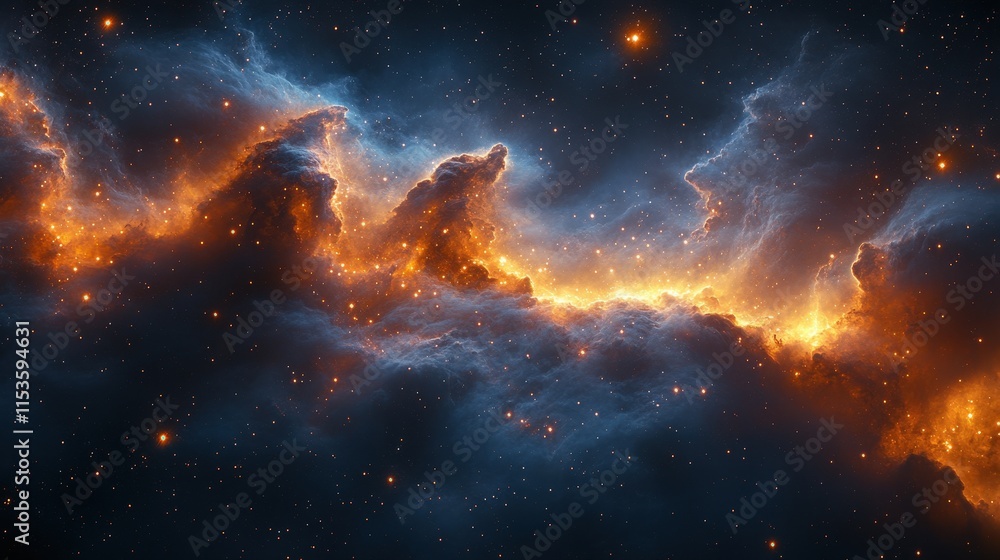 Poster fiery nebula in deep space with glowing gas and dust clouds.