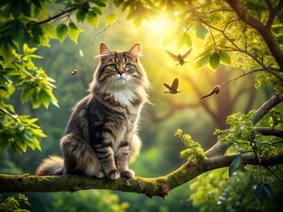 Serene Cat and Birds on Branch: Peaceful Nature Stock Photo