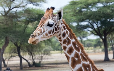 Obraz premium A portrait of a young Angolan giraffe (Giraffa camelopardalis angolensis) standing gracefully in its natural habitat
