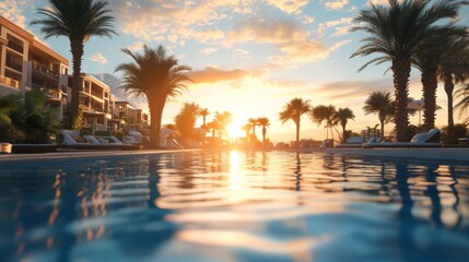 Obraz premium Serene Resort Pool at Sunset with Soft Light