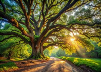 Fototapeta premium Serene Forest Soundscape: Lush Green Leaves and Sunlight Dappled Path