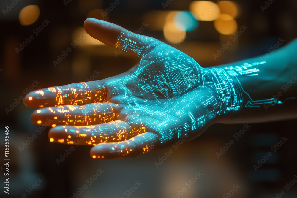 Poster hand with holographic interface displaying innovative technology
