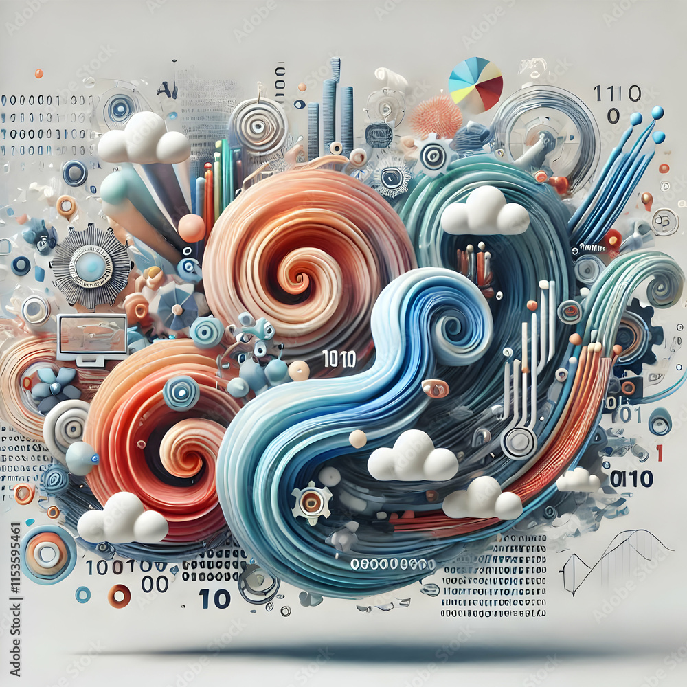 Poster 3d abstract watercolor swirls with tech elements - artistic and digital fusion in wide shot