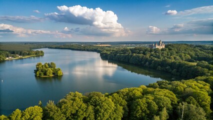 Fototapeta premium Serene Lake, Castle, Lush Trees, Blue Sky - Stunning Nature Photography