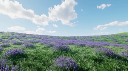 Obraz premium Expansive Lavender Field Under a Clear Blue Sky with Fluffy Clouds