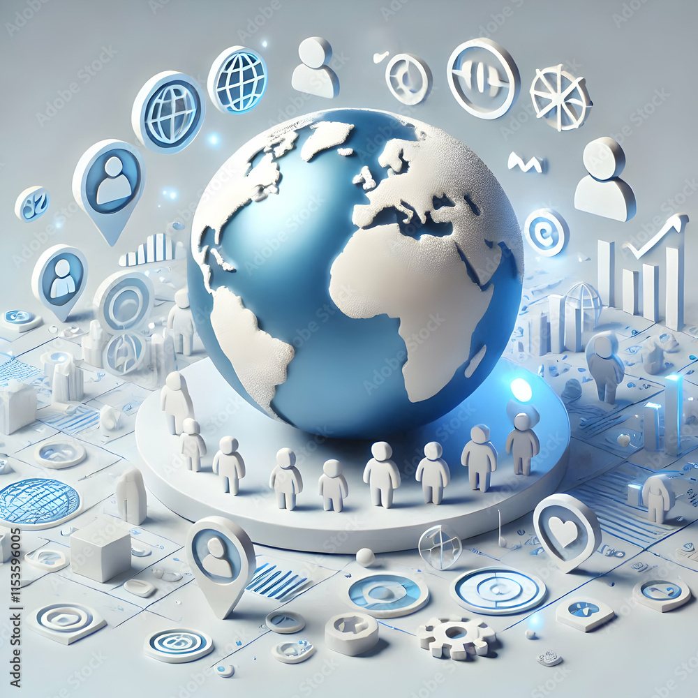 Poster 3d globe on white surface with holographic community icons and growth symbols for global unity and p