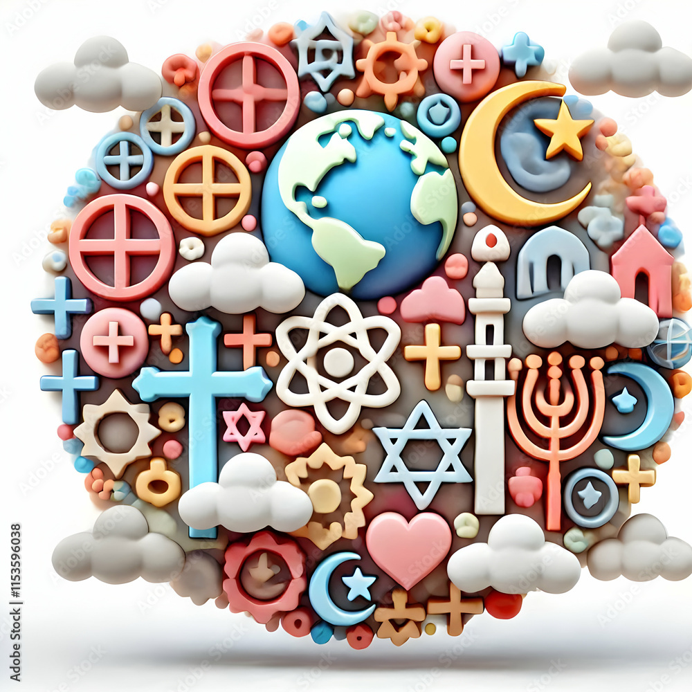 Aufkleber 3d abstract religious symbols overlap art representing unity diversity harmony