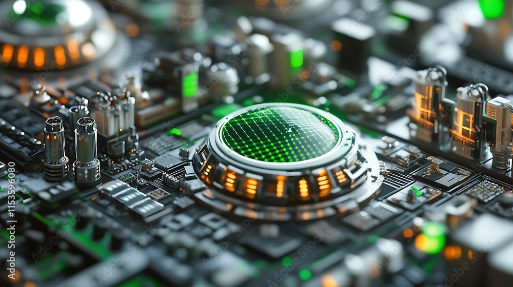 Poster close-up view of a futuristic radar system with a complex circuit board for showcasing advanced tech