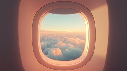 View through Airplane Window of Clouds and Sunset Sky