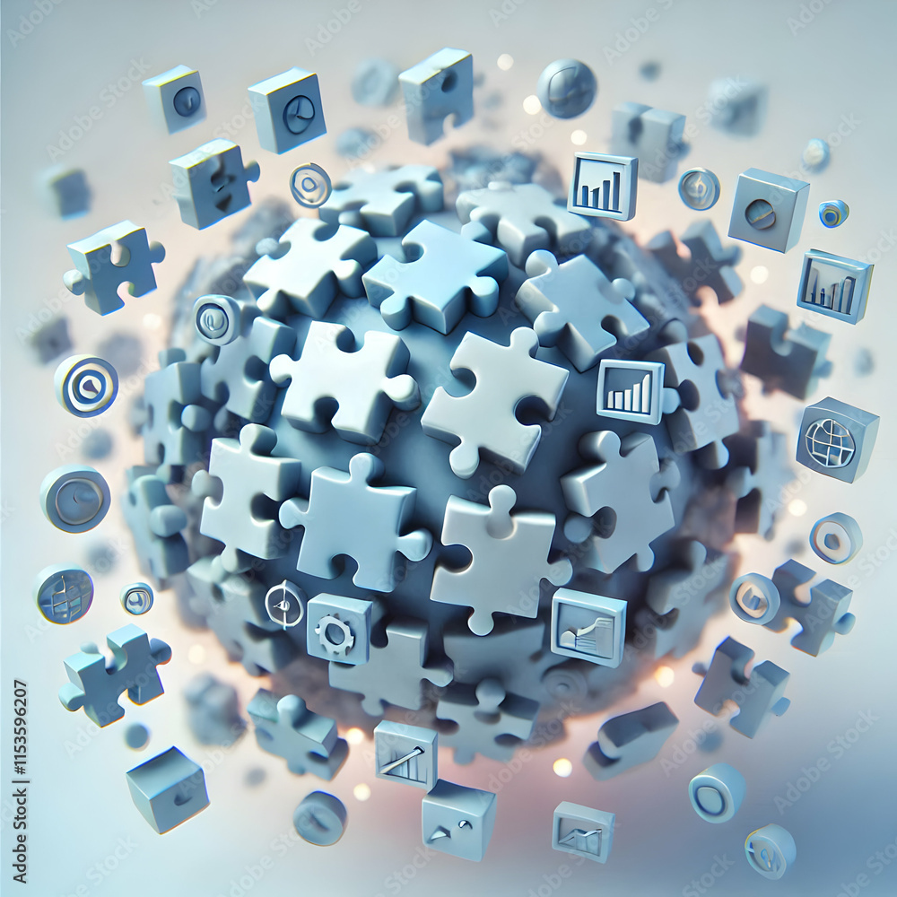 Poster 3d abstract jigsaw puzzle pieces aerial view in soft light connecting business concepts and technolo