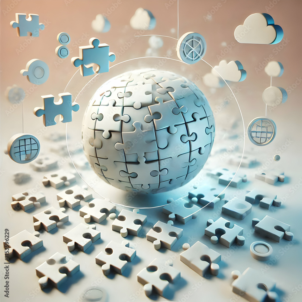 Poster aerial 3d abstract puzzle pieces connecting in soft light for business and technology concepts