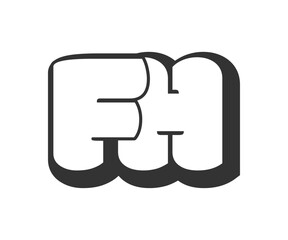 FH logo, bubble comic lettering, rounded in graffiti style black and white silhouette. Trendy preschool F and H letter text for festival party, personal initials, children funky print and web.