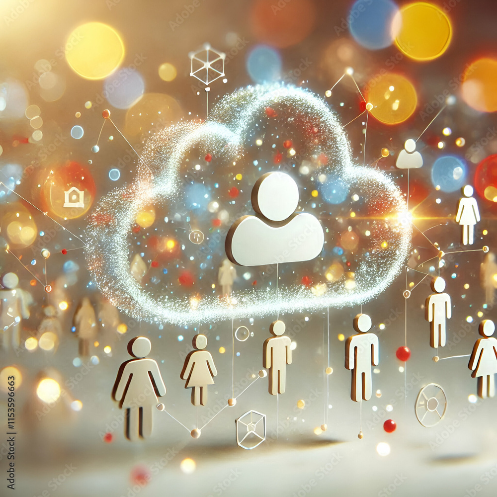 Aufkleber 3d bokeh digital art cloud computing symbols merging human figures copy space